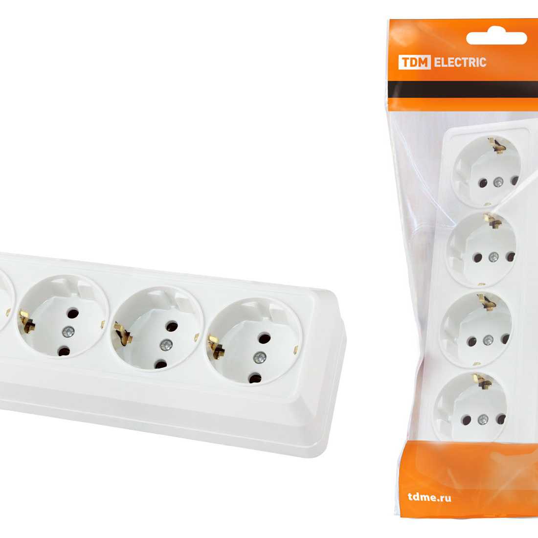 Розетка 4-х местная горизонтальная 2П+3 открытой установки IP20 16A белая "Ладога" TDM