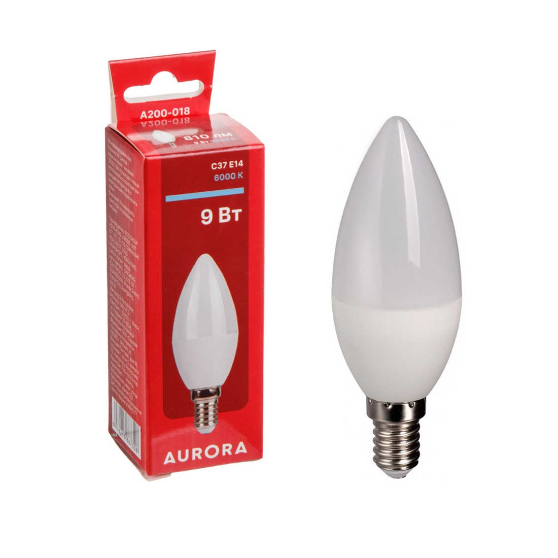 Лампа светодиодная C37 СВЕЧА 9Вт 230В E14 6000K AURORA (A200-018)