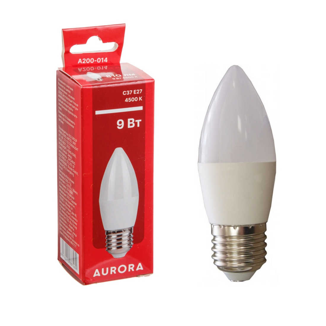 Лампа светодиодная C37 СВЕЧА 9Вт 230В E27 4500K AURORA (A200-014)