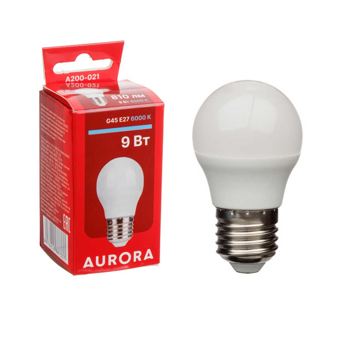 Лампа светодиодная G45 ШАР 9Вт 230В E27 6000K AURORA (A200-021)