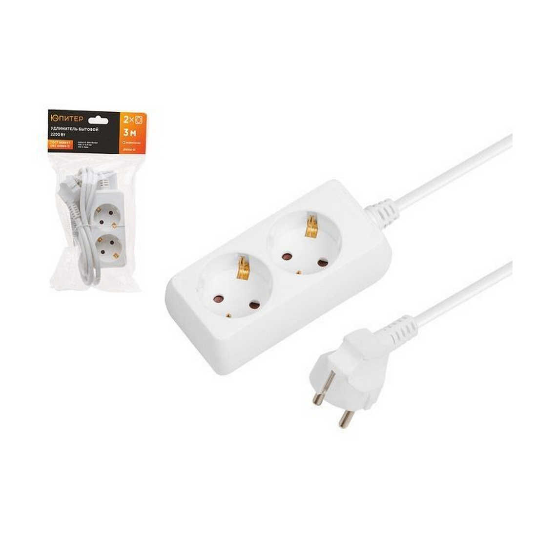 Удлинитель 3м (2 роз., 2,2кВт, с/з, ПВС 3х0,75) Юпитер (ЮПИТЕР) (JP8102-21)