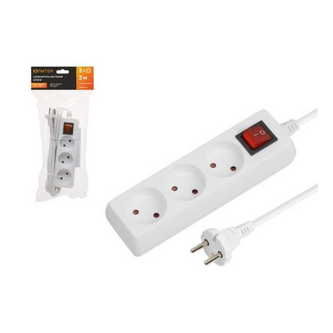 Удлинитель 3м (3 роз., 2,2кВт, б/з, выкл, ПВС 2х0,75) Юпитер (ЮПИТЕР) (JP8103-20)