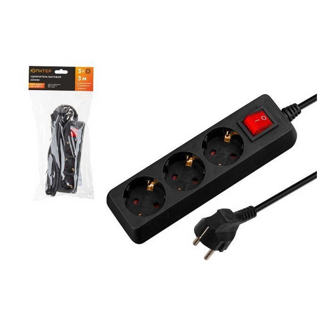 Удлинитель 3м (3 роз., 2,2кВт, с/з, выкл, ПВС 3х0,75) черный, Юпитер (ЮПИТЕР) (JP8104-21)
