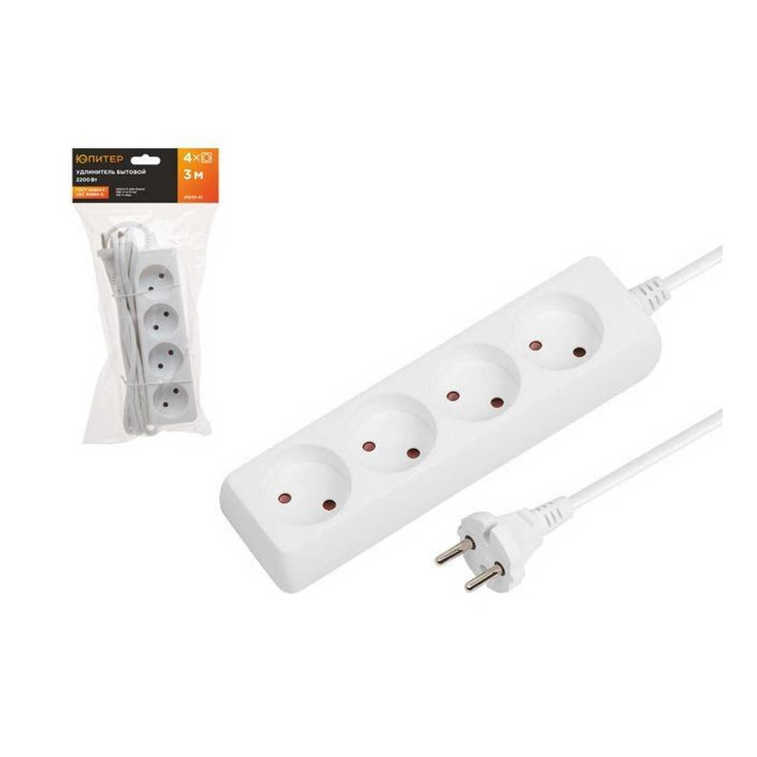 Удлинитель 3м (4 роз., 2,2кВт, б/з, ПВС 2х0,75) Юпитер (ЮПИТЕР) (JP8101-25)