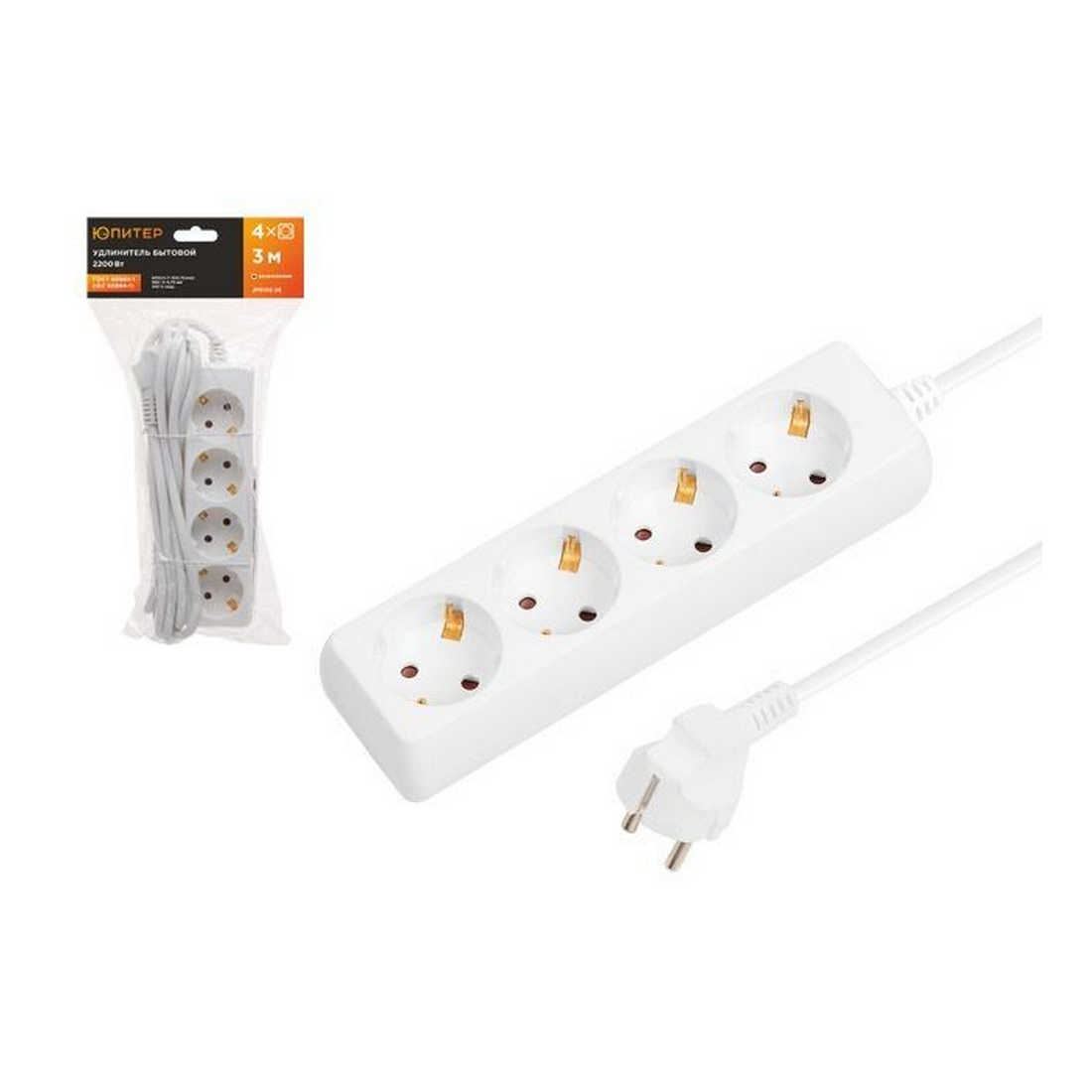 Удлинитель 3м (4 роз., 2,2кВт, с/з, ПВС 3х0,75) Юпитер (ЮПИТЕР) (JP8102-26)