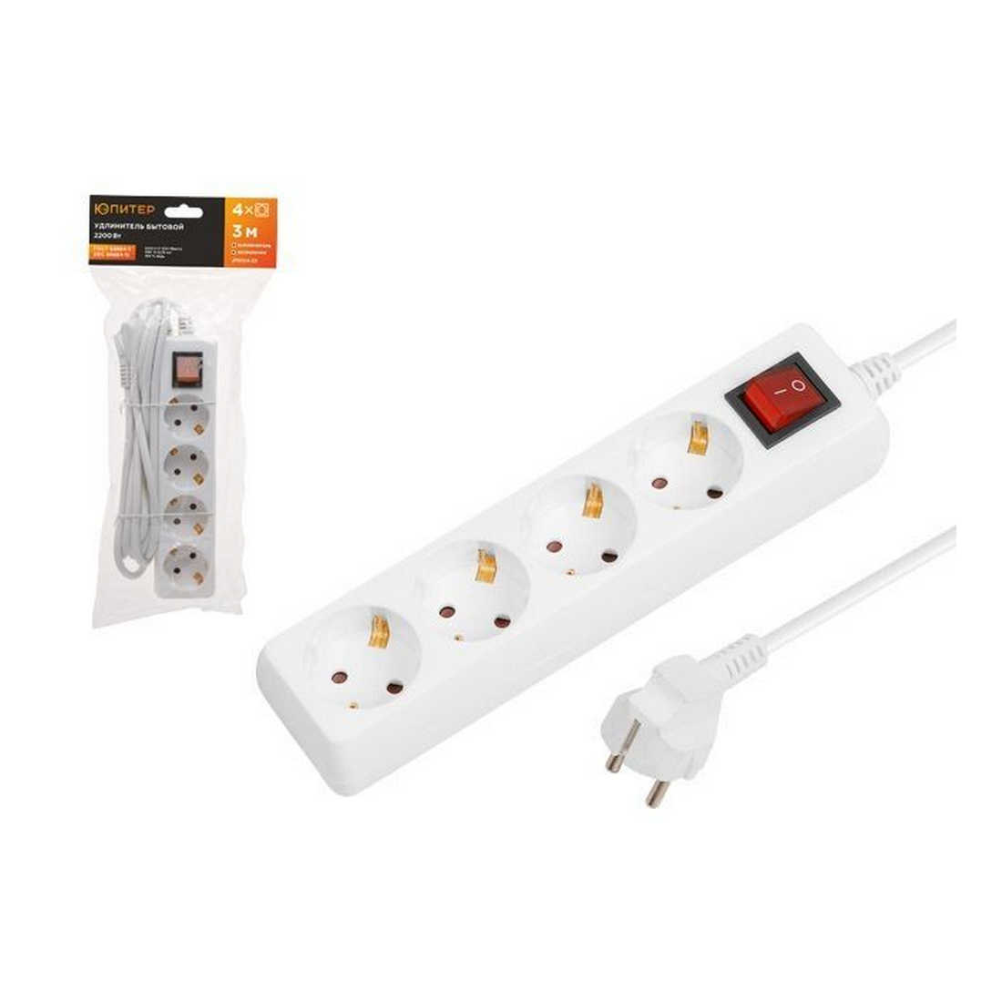 Удлинитель 3м (4 роз., 2,2кВт, с/з, выкл, ПВС 3х0,75) Юпитер (ЮПИТЕР) (JP8104-23)