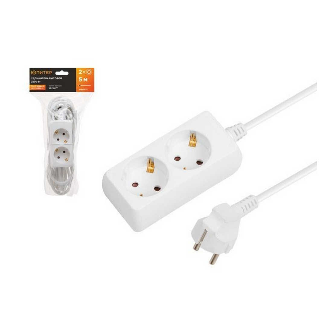 Удлинитель 5м (2 роз., 2,2кВт, с/з, ПВС 3х0,75) Юпитер (ЮПИТЕР) (JP8102-22)