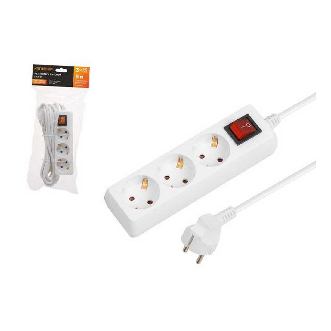 Удлинитель 5м (3 роз., 2,2кВт, с/з, выкл, ПВС 3х0,75) Юпитер (ЮПИТЕР) (JP8104-22)