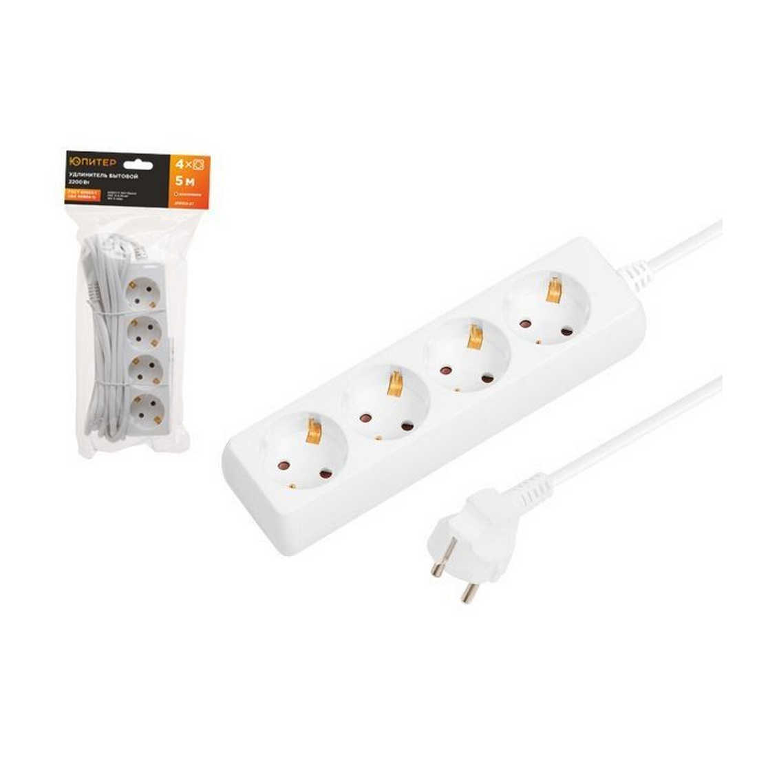 Удлинитель 5м (4 роз., 2,2кВт, с/з, ПВС 3х0,75) Юпитер (ЮПИТЕР) (JP8102-27)